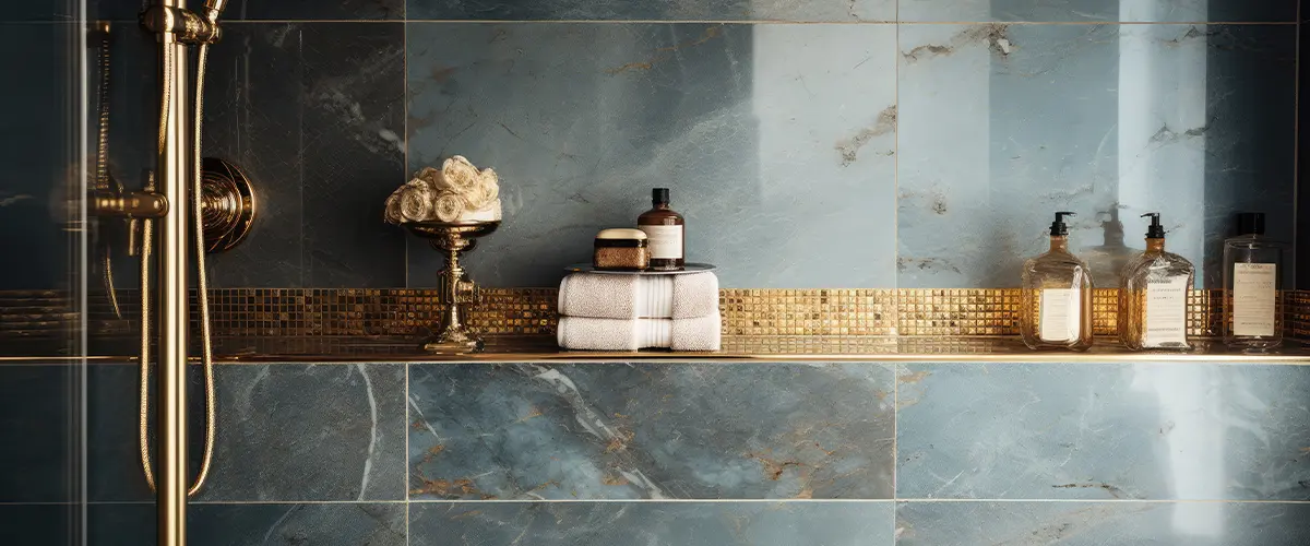 An opulent shower with marble walls, mosaic floor, shelves, and gold faucet.