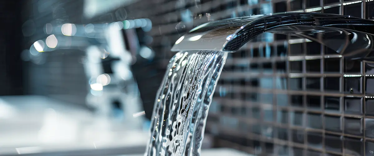 A close-up of a contemporary waterfall faucet in a modern bathroom