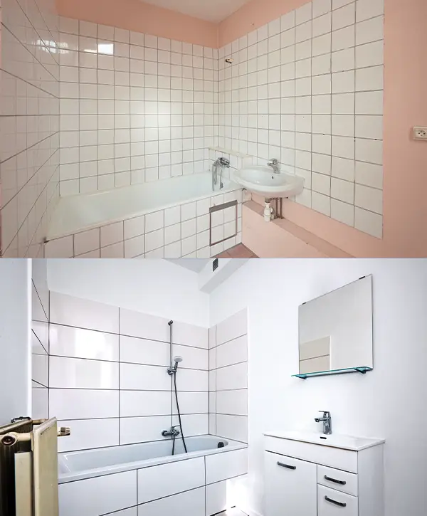 Before and after bathroom renovation showing a transformation from old tiles to a modern white design