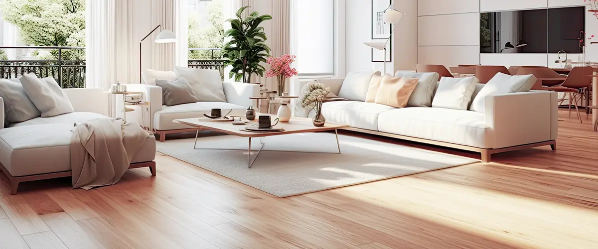 Bright and spacious living room with wooden floors, white sofas, and large windows overlooking greenery