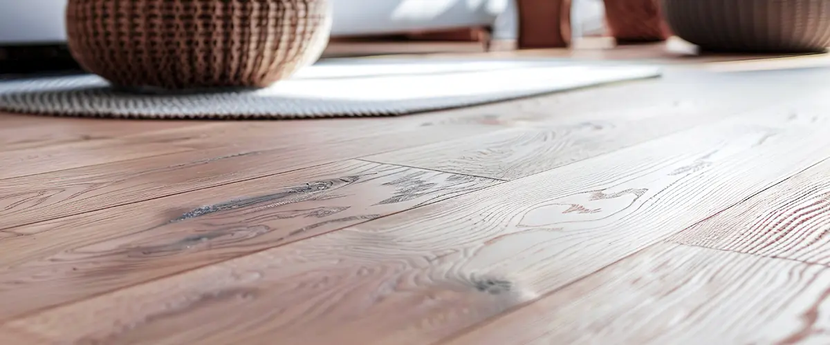 Close-up of light wooden flooring in a cozy living room with soft seating and plants