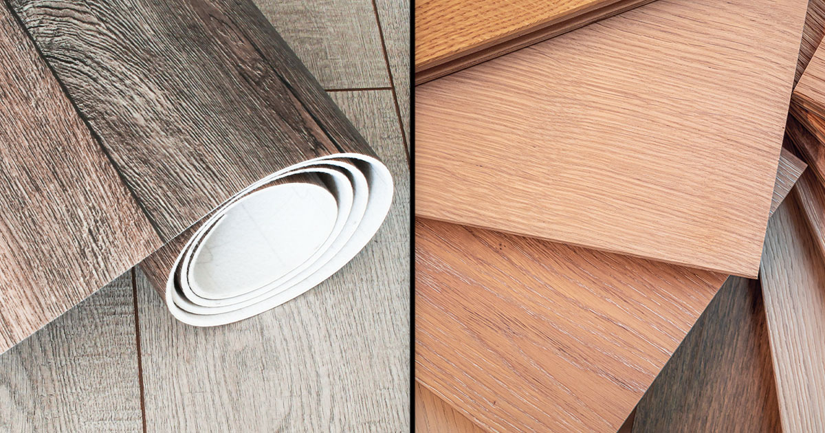 Comparison of rolled vinyl flooring and stacked wood laminate samples