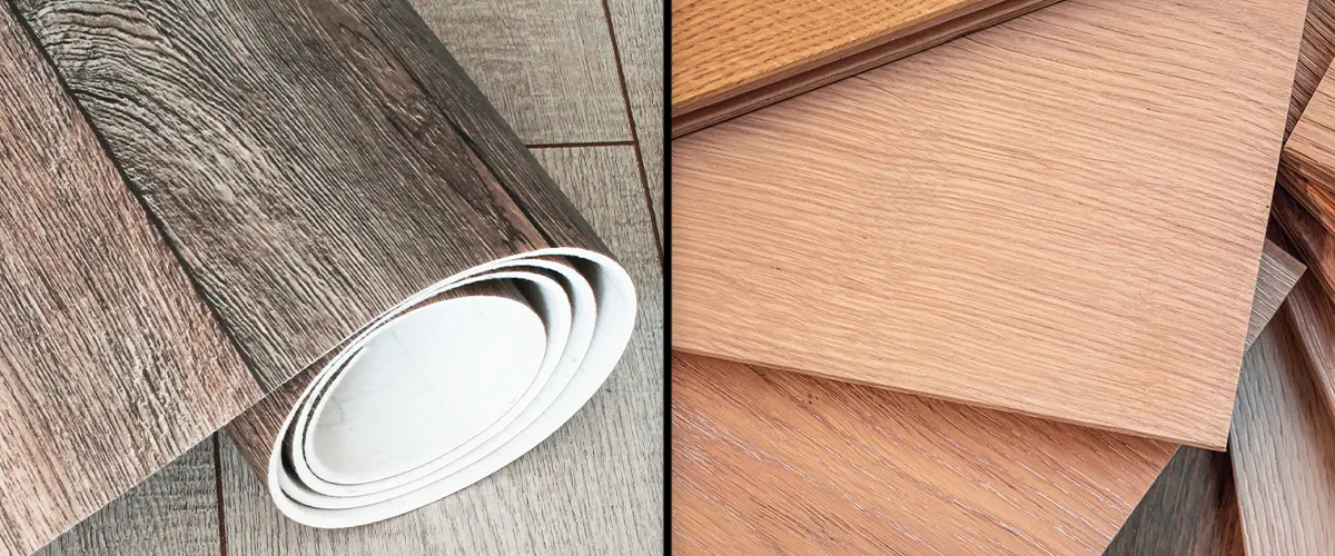 Comparison of rolled vinyl flooring and stacked wood laminate samples