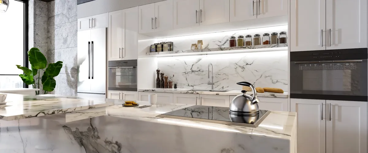 Modern kitchen with white cabinets and marble countertop island