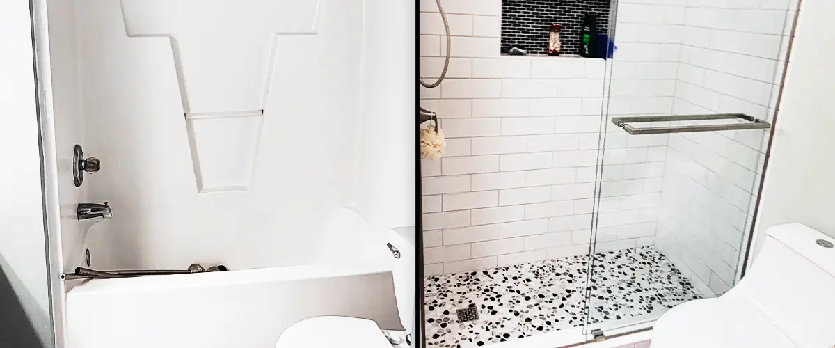 Before-and-after tub-to-shower conversion featuring a modern tile shower with pebble floor and glass door