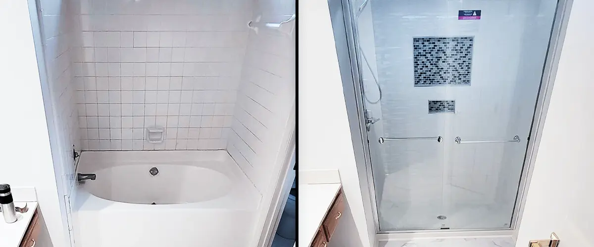 Before-and-after comparison of a tub-to-shower conversion with a glass door and updated tile design.