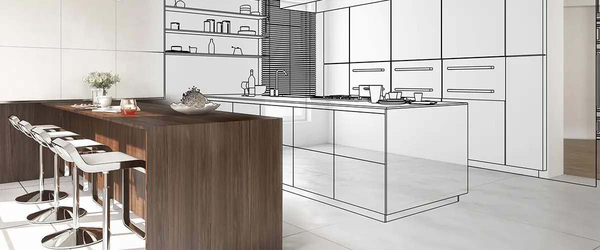 Modern kitchen concept with 3D render overlay showcasing sleek cabinetry and contemporary interior design ideas.