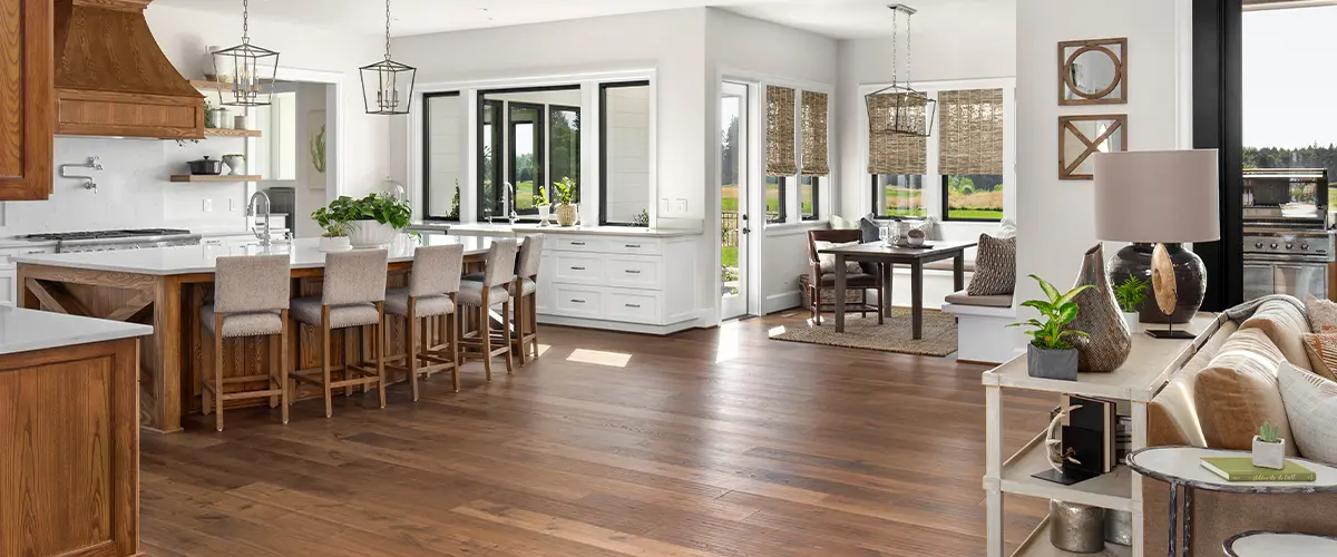 Modern farmhouse kitchen with open floor plan and hardwood floors